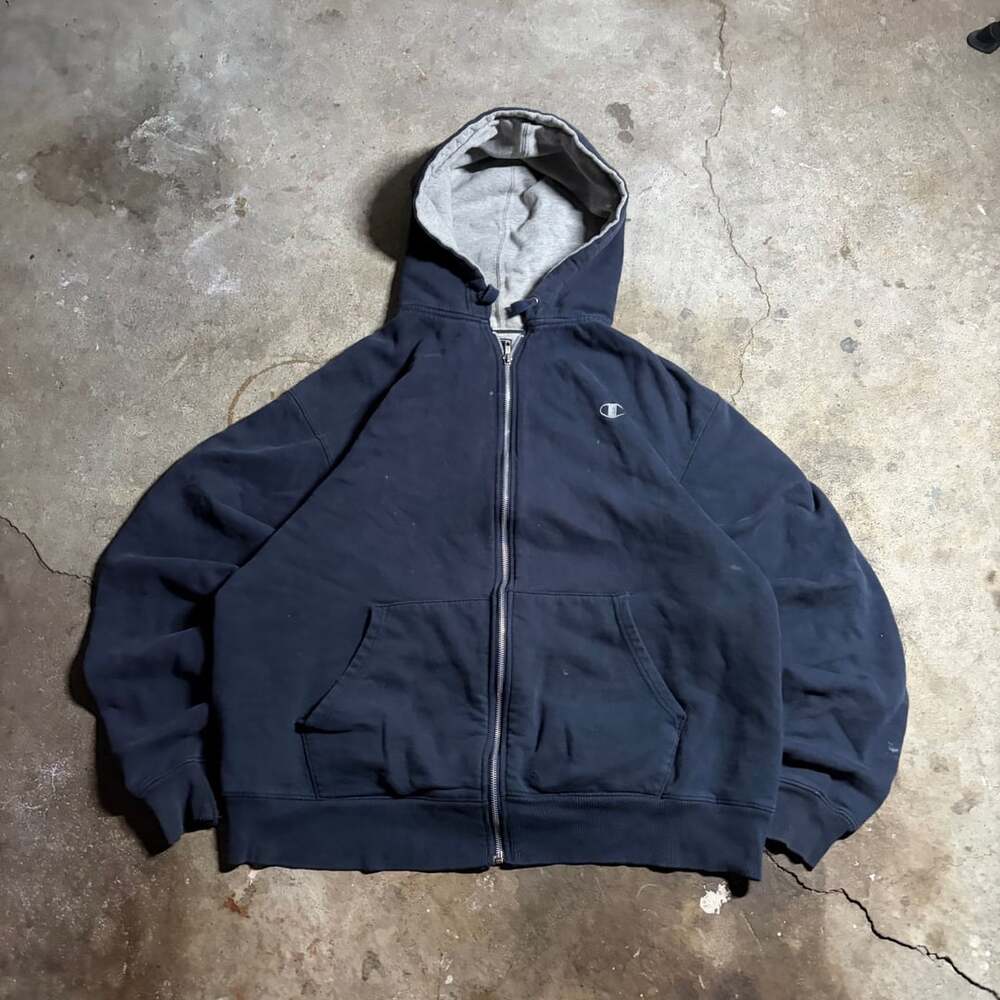 Vintage Champion Navy Blue Full Zip Hooded Sweatshirt